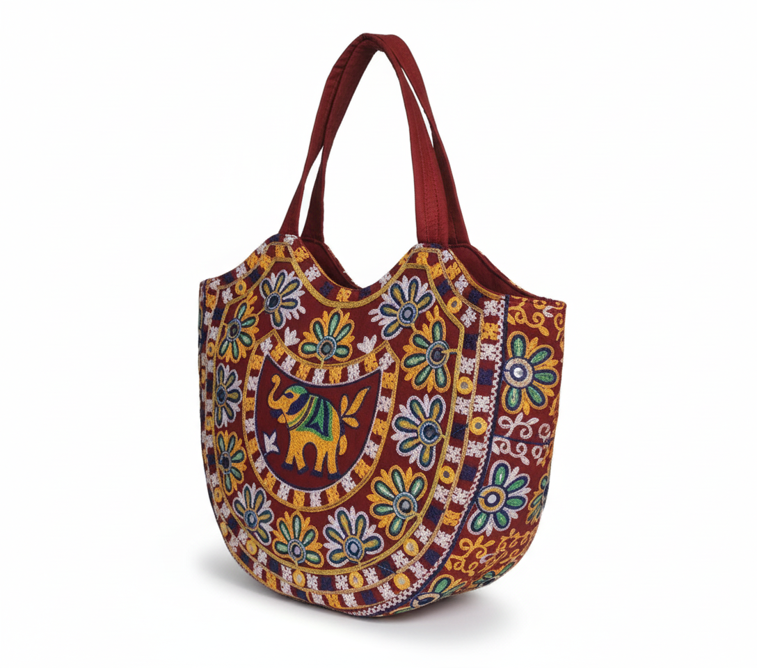 Rabari embroidery red elephant yellow accent tote bag side view showing depth