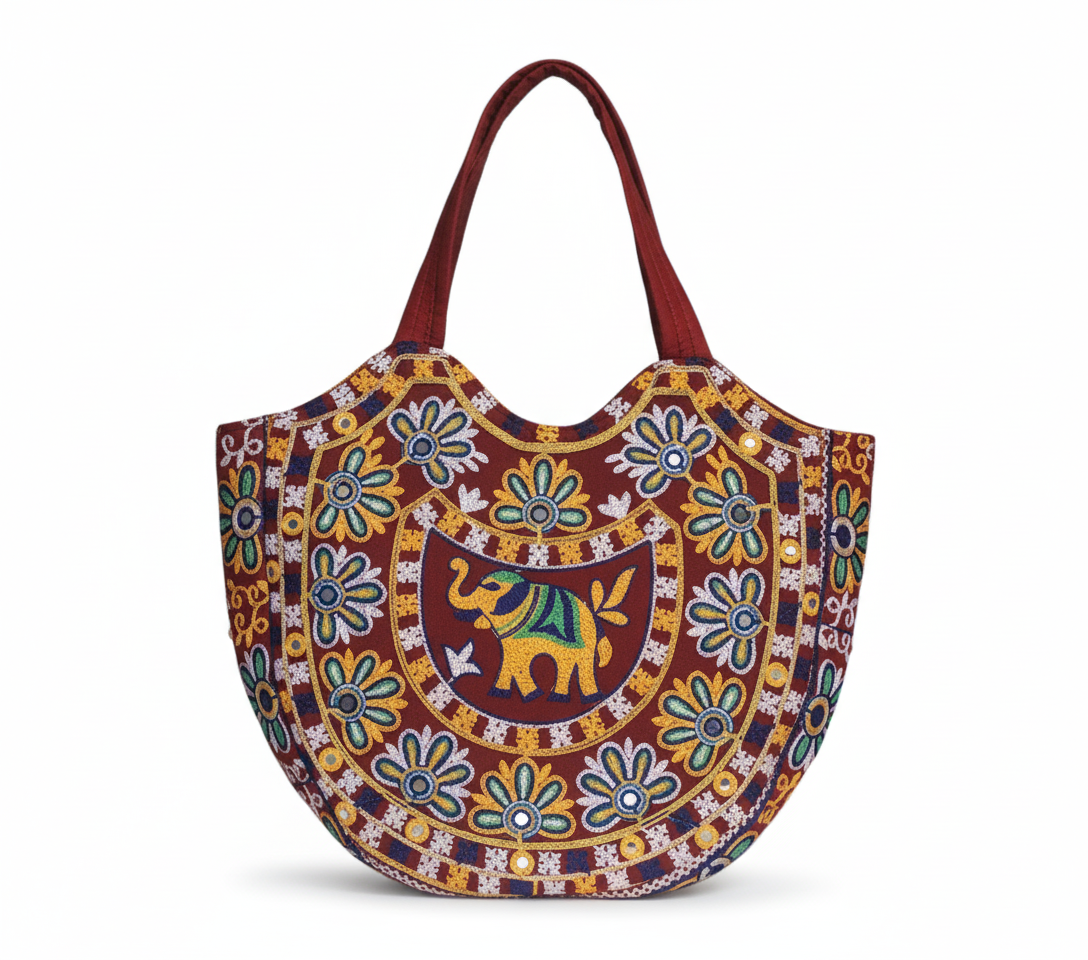 Model walking with Rabari embroidery red elephant yellow accent tote bag — lifestyle shot
