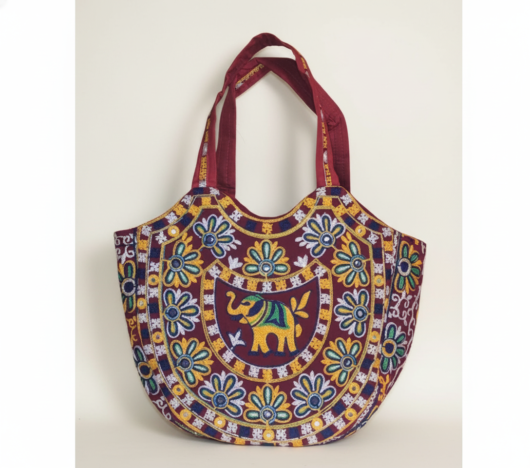 Rabari embroidery red elephant tote bag front view — Mystic Dhaga