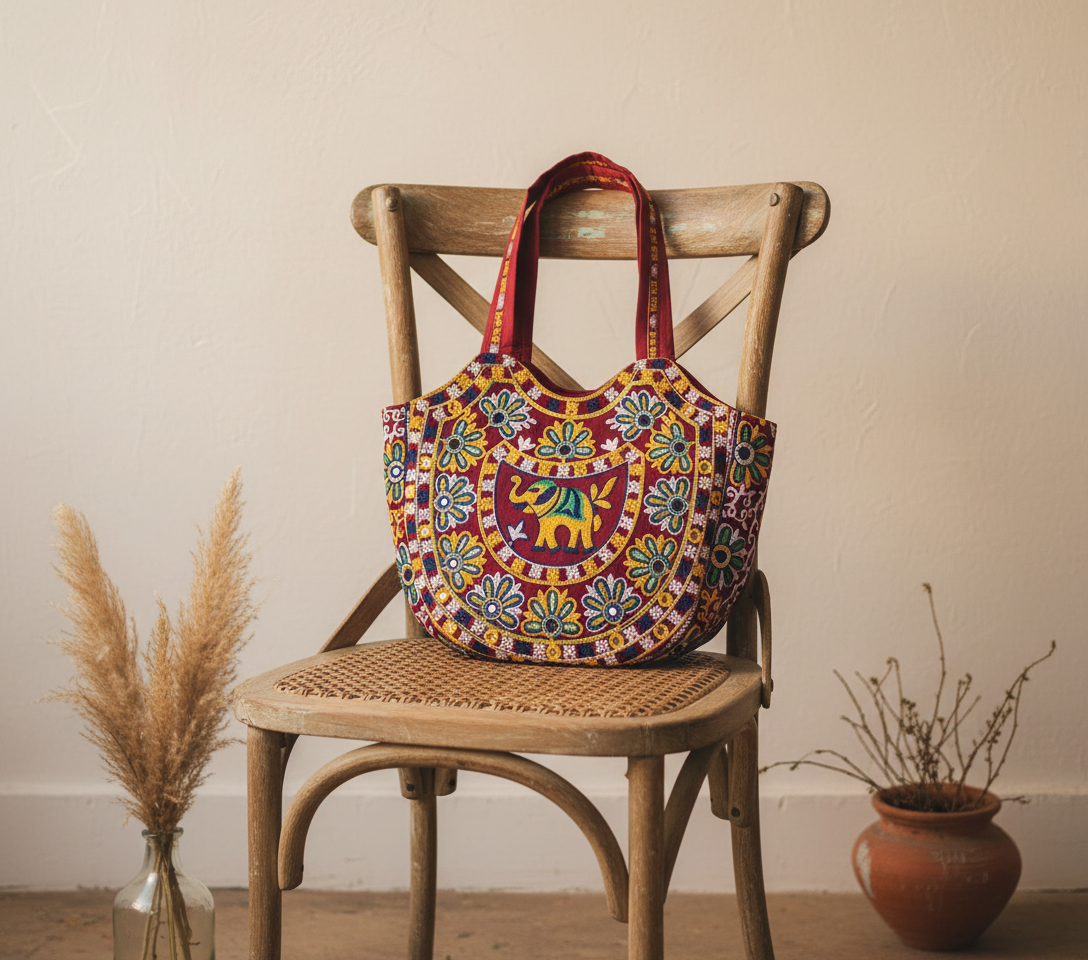 Rabari embroidery red elephant tote bag back view