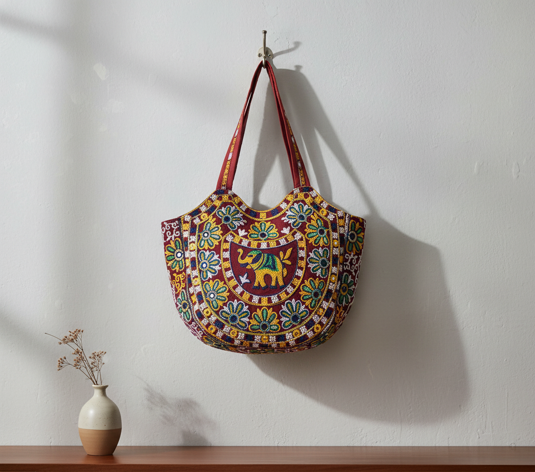 Close-up of Rabari embroidery elephant motif and mirror work on red tote
