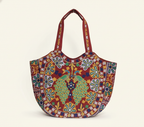 Rabari embroidery red peacock tote bag front view — Mystic Dhaga