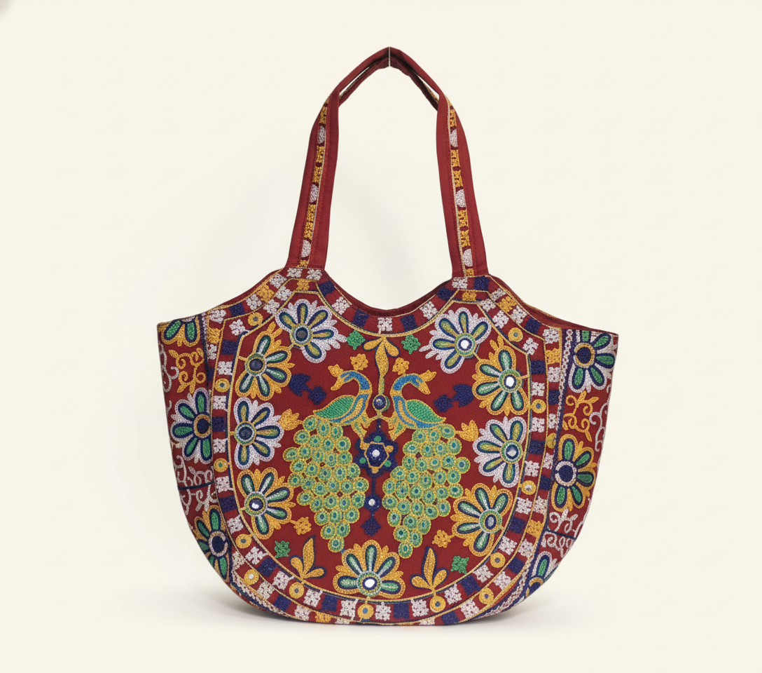 Rabari embroidery red peacock tote bag front view — Mystic Dhaga