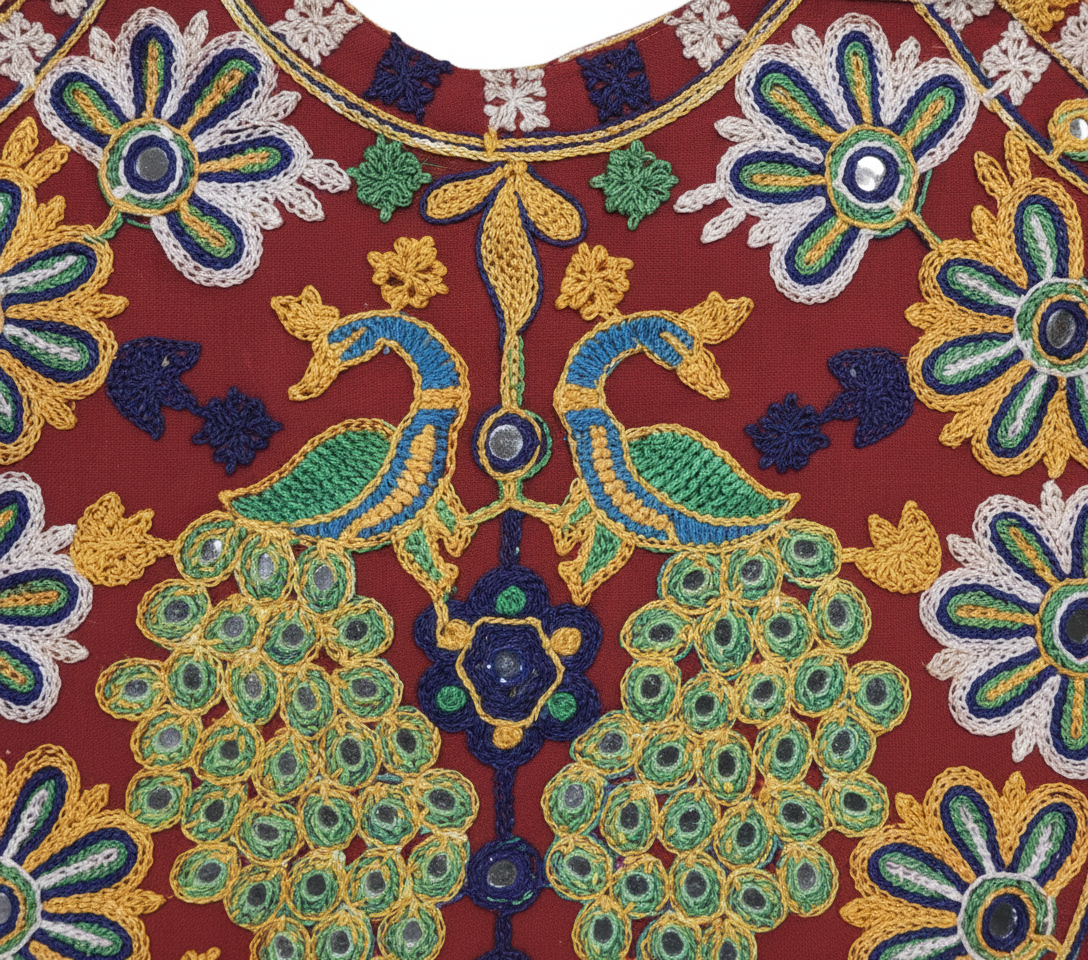 Rabari embroidery red peacock tote bag side view showing depth
