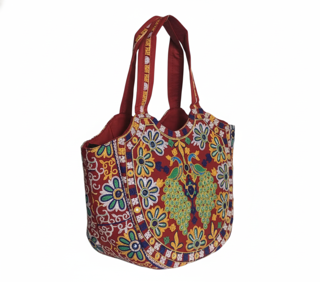 Rabari embroidery red peacock tote bag back view