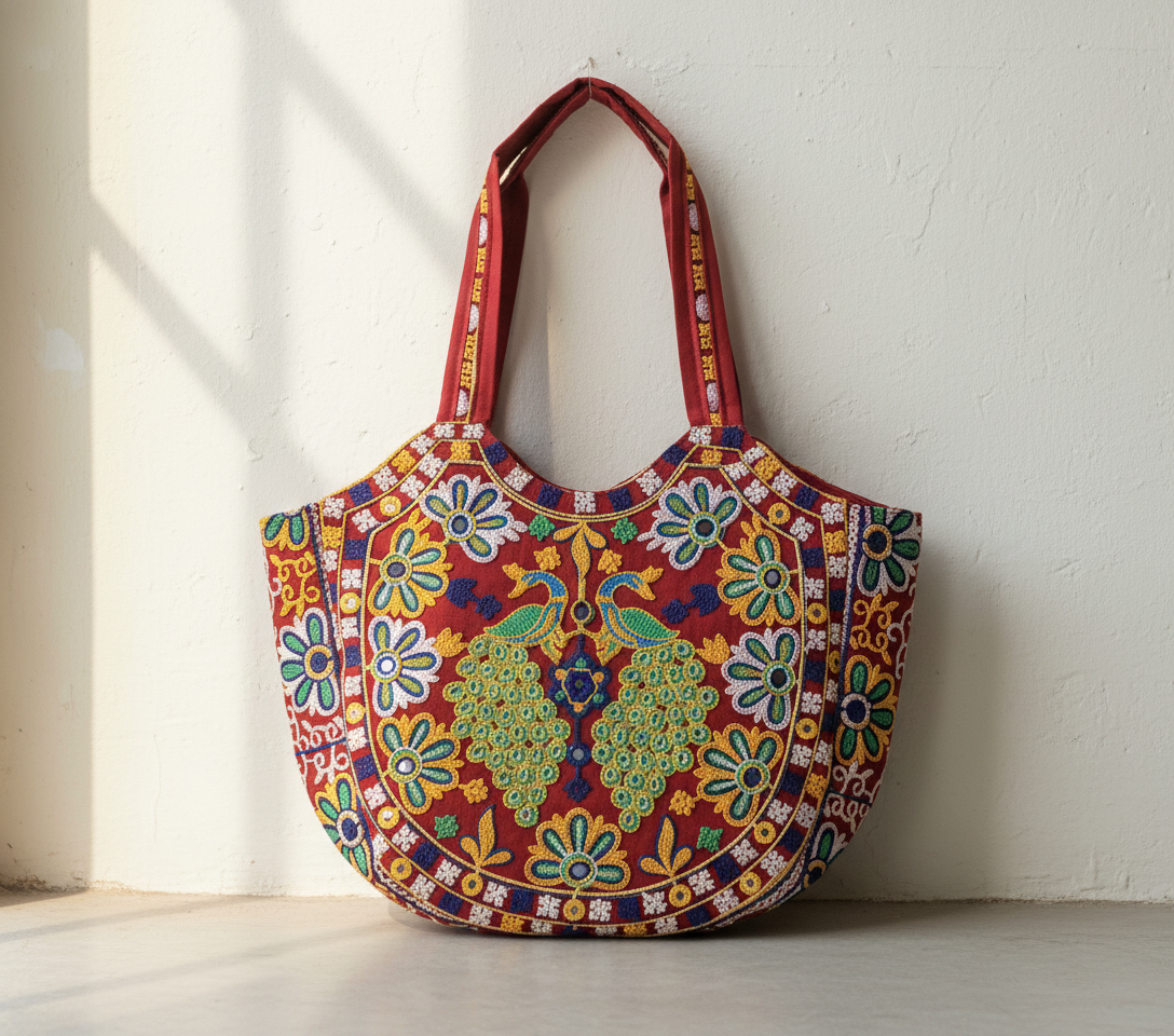 Rabari embroidery red peacock tote bag isometric angle