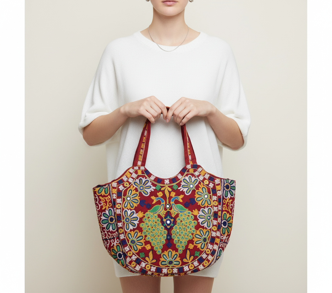 Close-up of Rabari embroidery peacock motif and mirror work on red tote