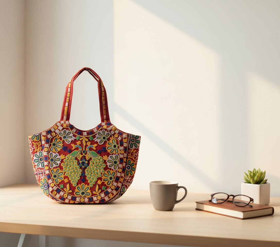 Model carrying Rabari embroidery red peacock tote bag — boho style