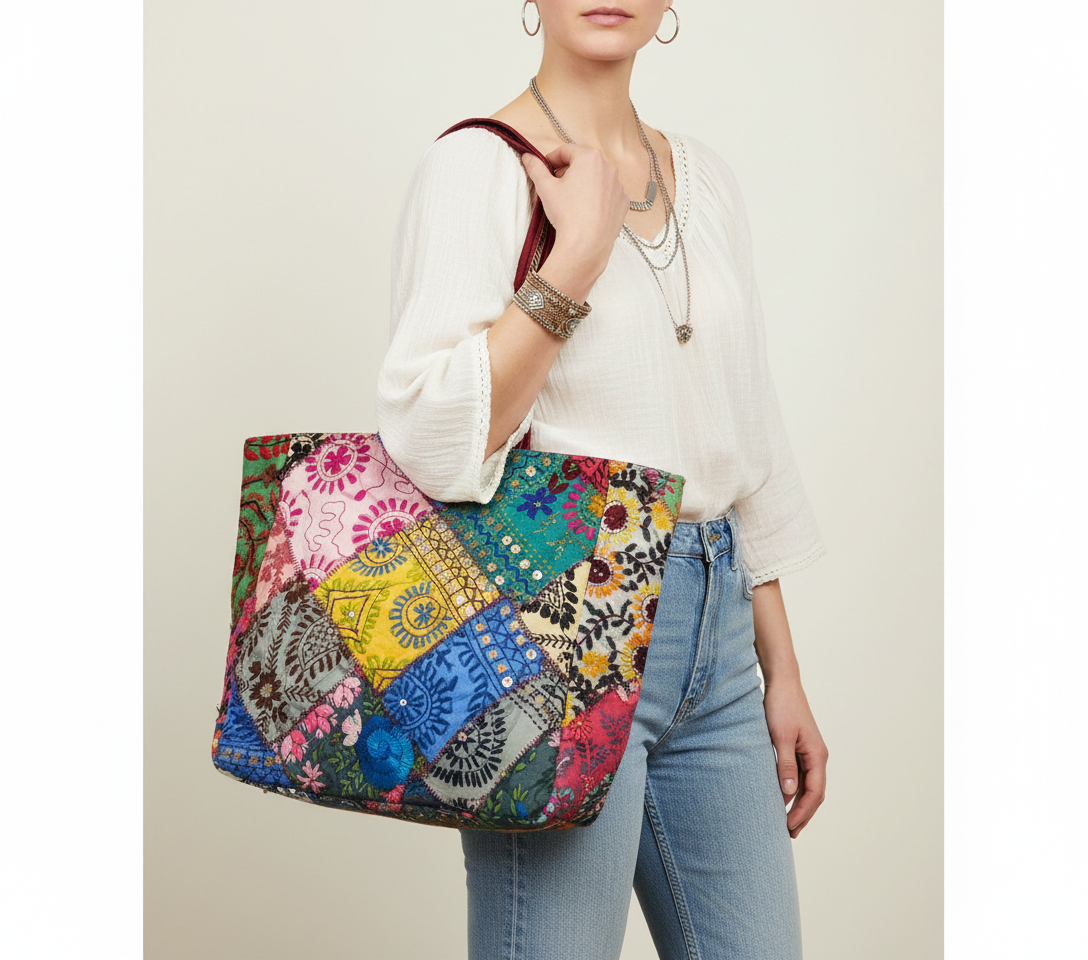 Applique Patchwork Ochre Mosaic tote bag front view — Mystic Dhaga