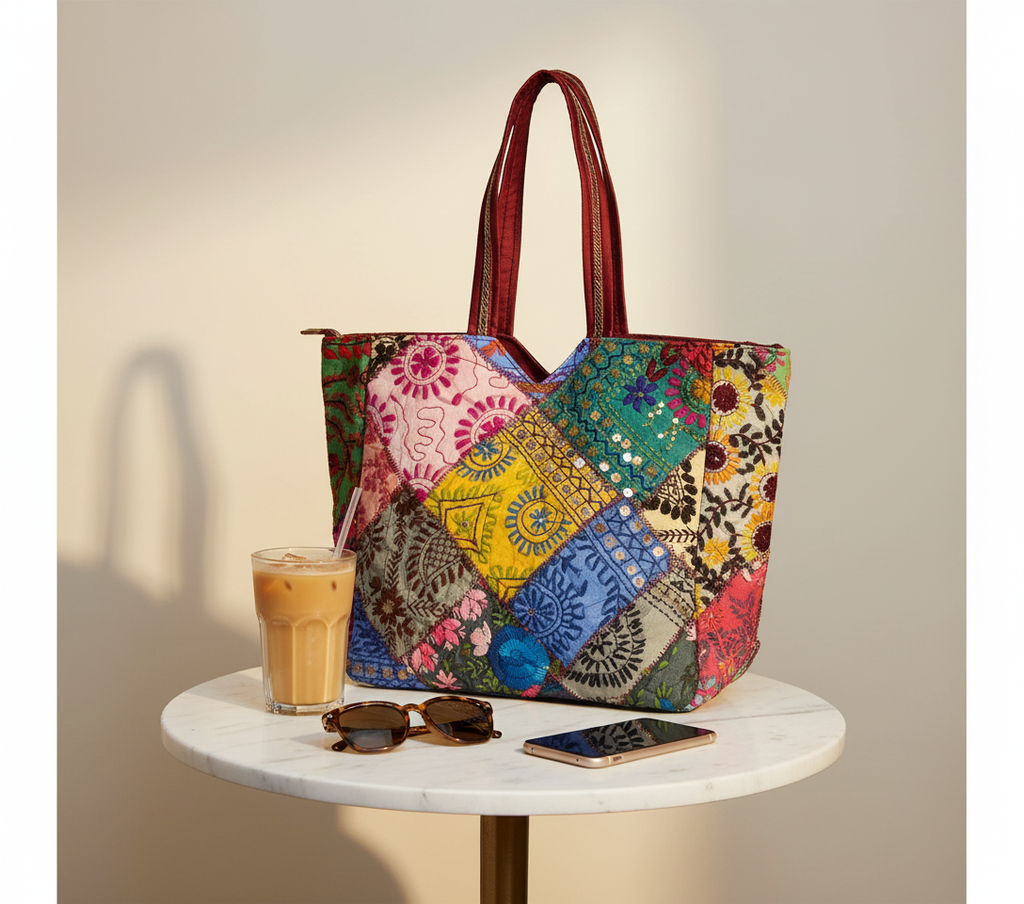 Applique Patchwork Ochre Mosaic tote bag side view showing depth