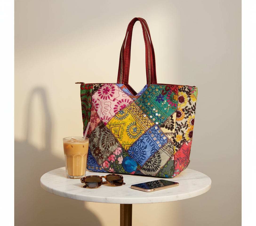 Applique Patchwork Ochre Mosaic tote bag side view showing depth