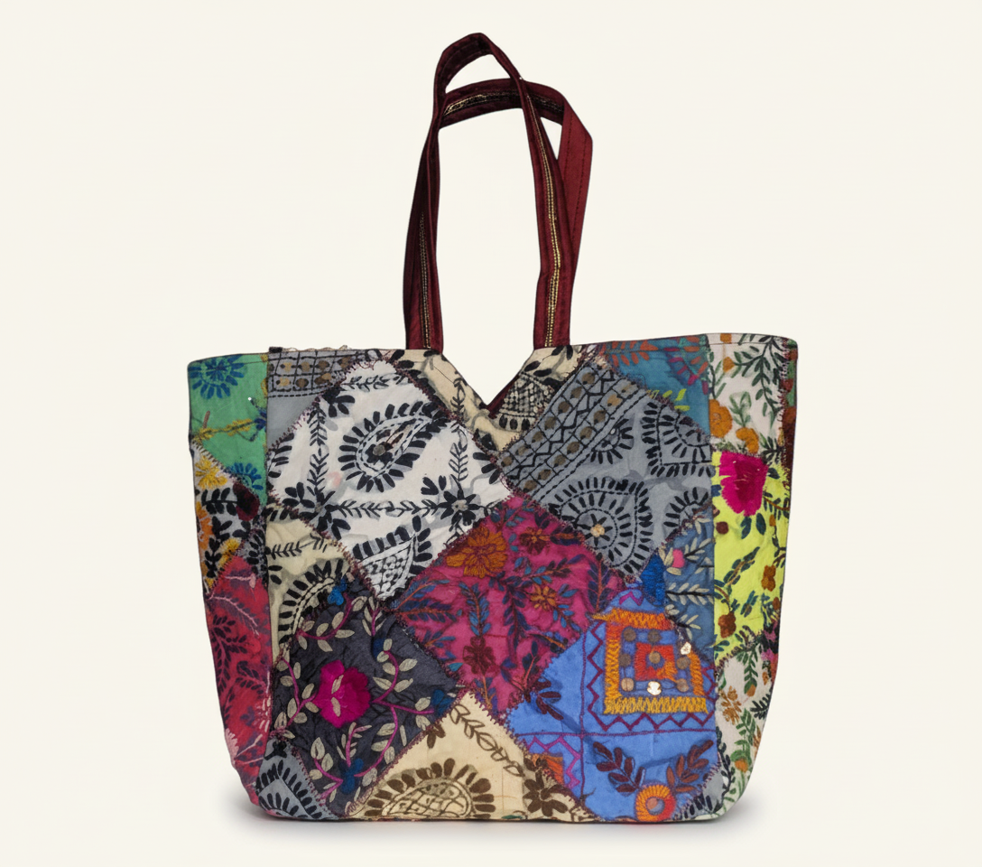 Applique Patchwork Ochre Mosaic tote bag isometric angle