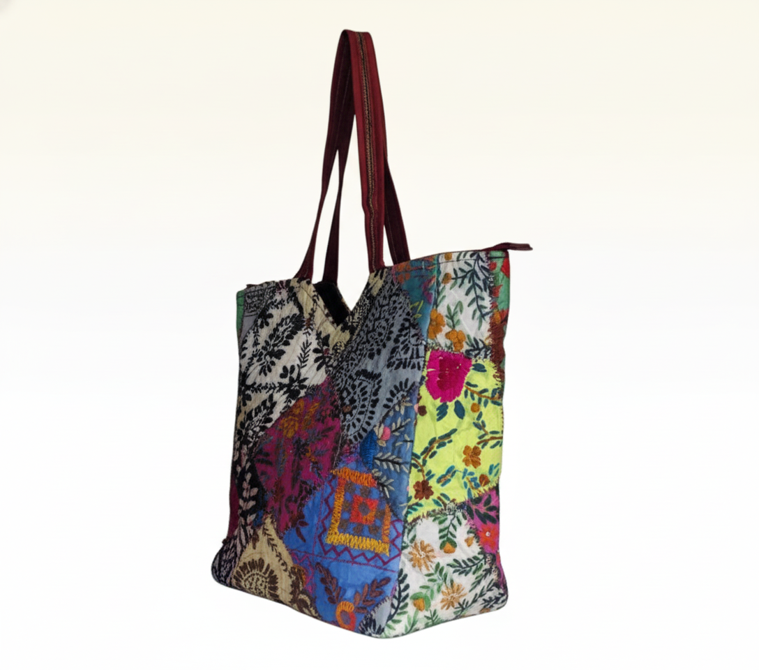 Close-up of Ochre Mosaic applique patchwork texture on tote bag