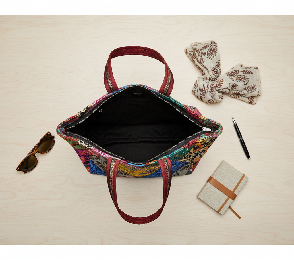 Model carrying Applique Patchwork Ochre Mosaic tote bag — boho style
