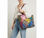 Model walking with Applique Patchwork Ochre Mosaic tote bag — lifestyle shot