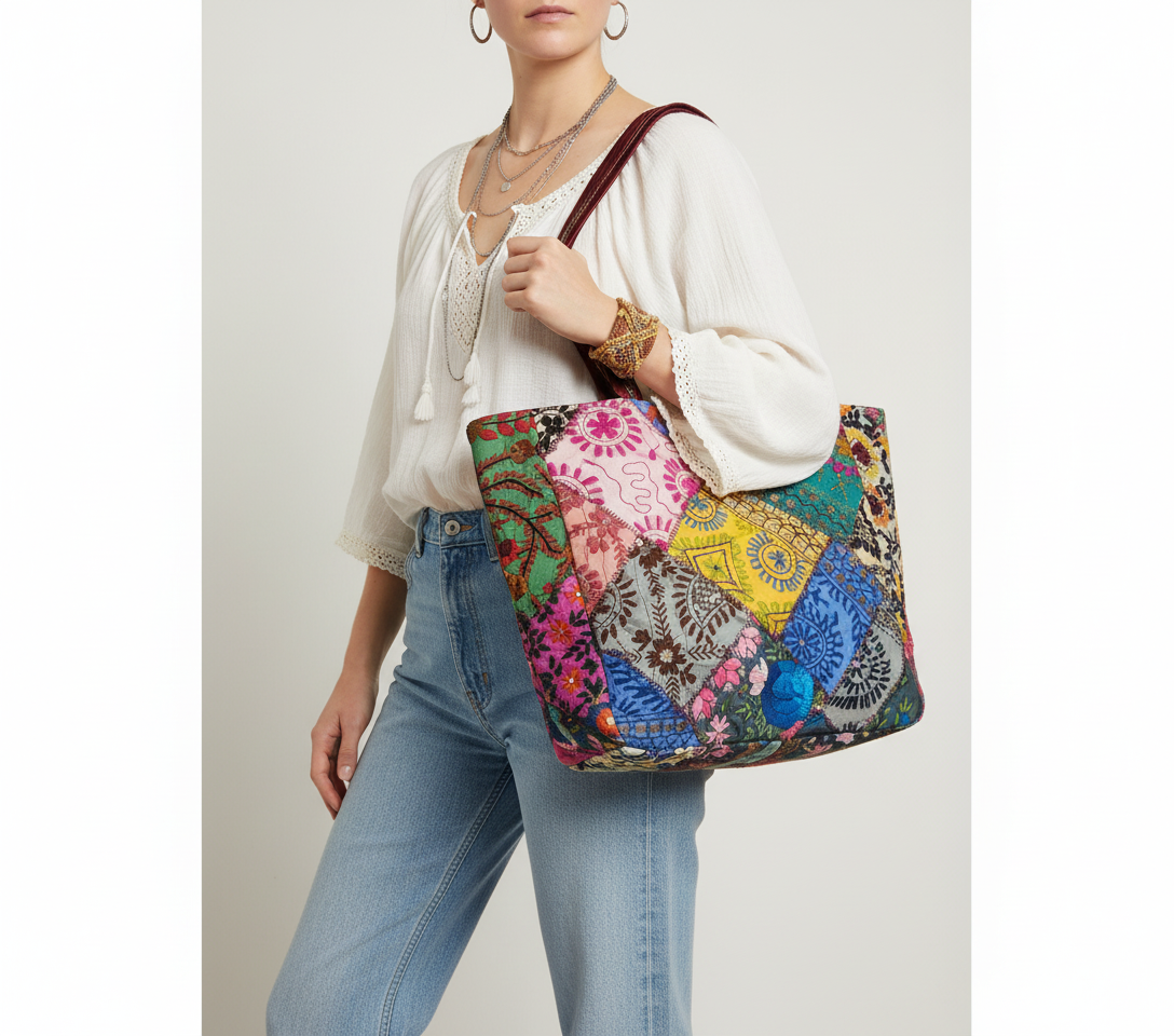 Model walking with Applique Patchwork Ochre Mosaic tote bag — lifestyle shot