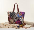 Applique Patchwork Charcoal Mosaic tote bag front view — Mystic Dhaga