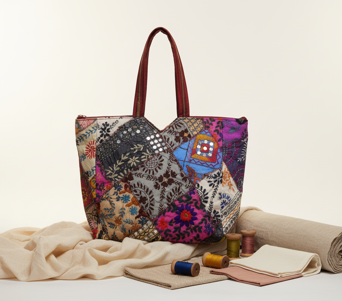 Applique Patchwork Charcoal Mosaic tote bag front view — Mystic Dhaga