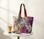 Close-up of Charcoal Mosaic applique patchwork texture on tote bag