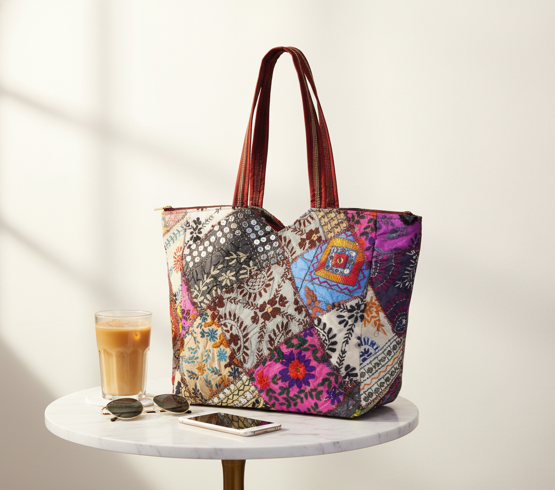 Close-up of Charcoal Mosaic applique patchwork texture on tote bag