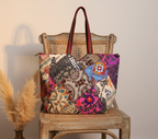 Model carrying Applique Patchwork Charcoal Mosaic tote bag — boho style