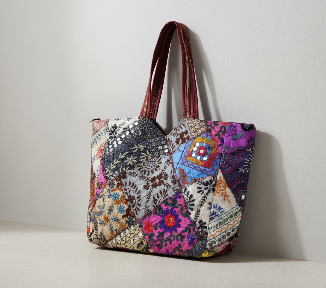 Model walking with Applique Patchwork Charcoal Mosaic tote bag — lifestyle shot