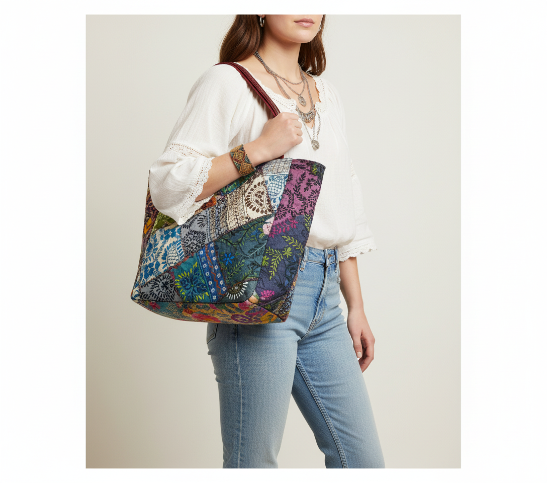 Applique Patchwork Indigo Mosaic tote bag front view — Mystic Dhaga