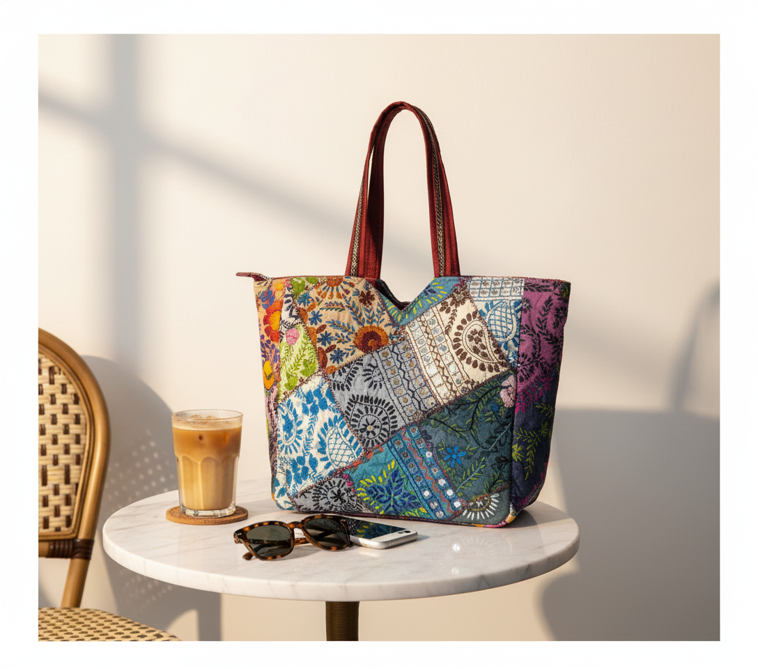 Applique Patchwork Indigo Mosaic tote bag side view showing depth