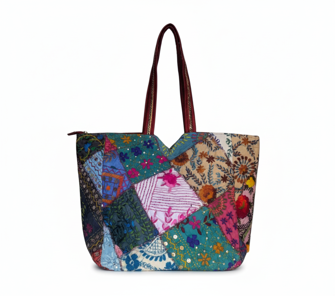 Applique Patchwork Indigo Mosaic tote bag isometric angle