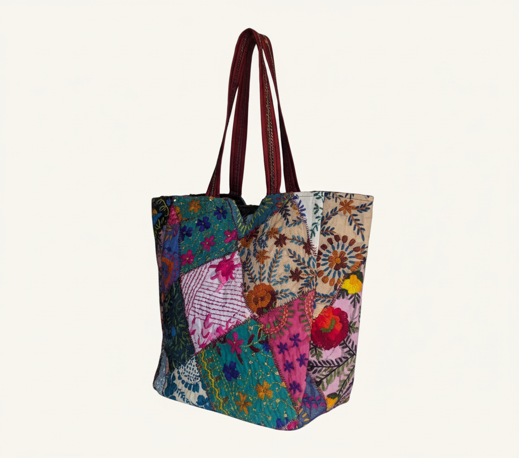 Close-up of Indigo Mosaic applique patchwork texture on tote bag