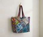 Model carrying Applique Patchwork Indigo Mosaic tote bag — boho style