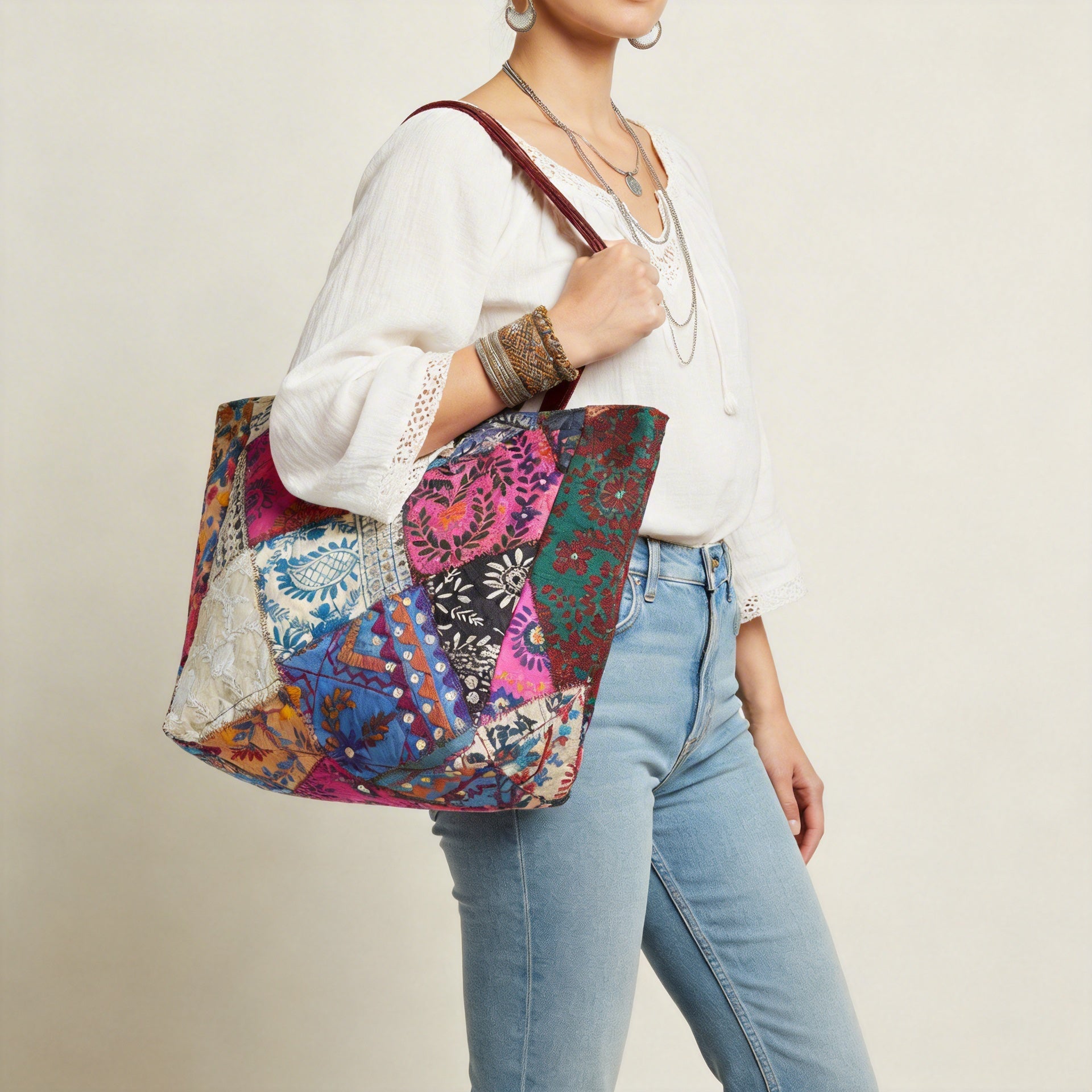Applique Patchwork Sandstone Indigo tote bag front view — Mystic Dhaga