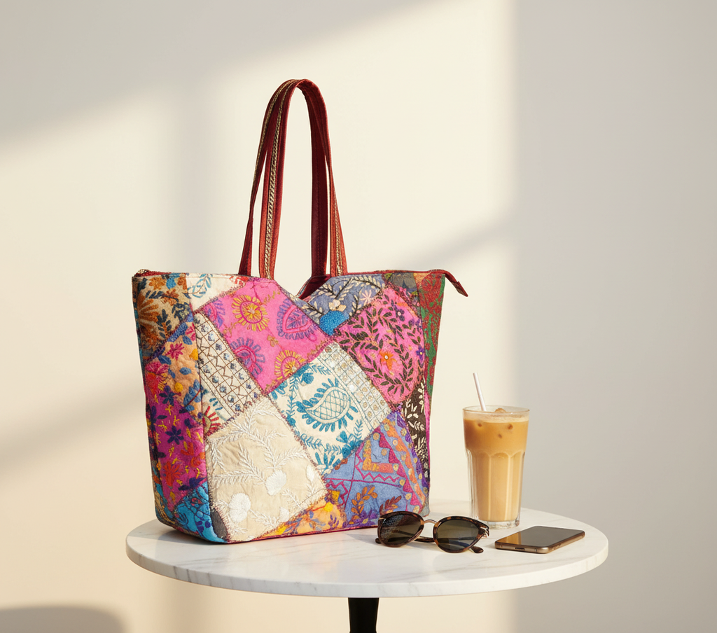 Applique Patchwork Sandstone Indigo tote bag side view showing depth