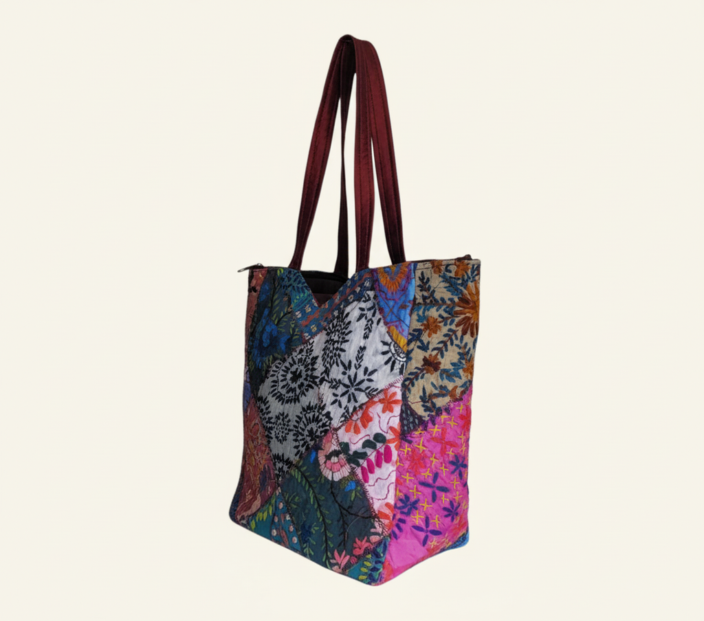 Close-up of Sandstone Indigo applique patchwork texture on tote bag