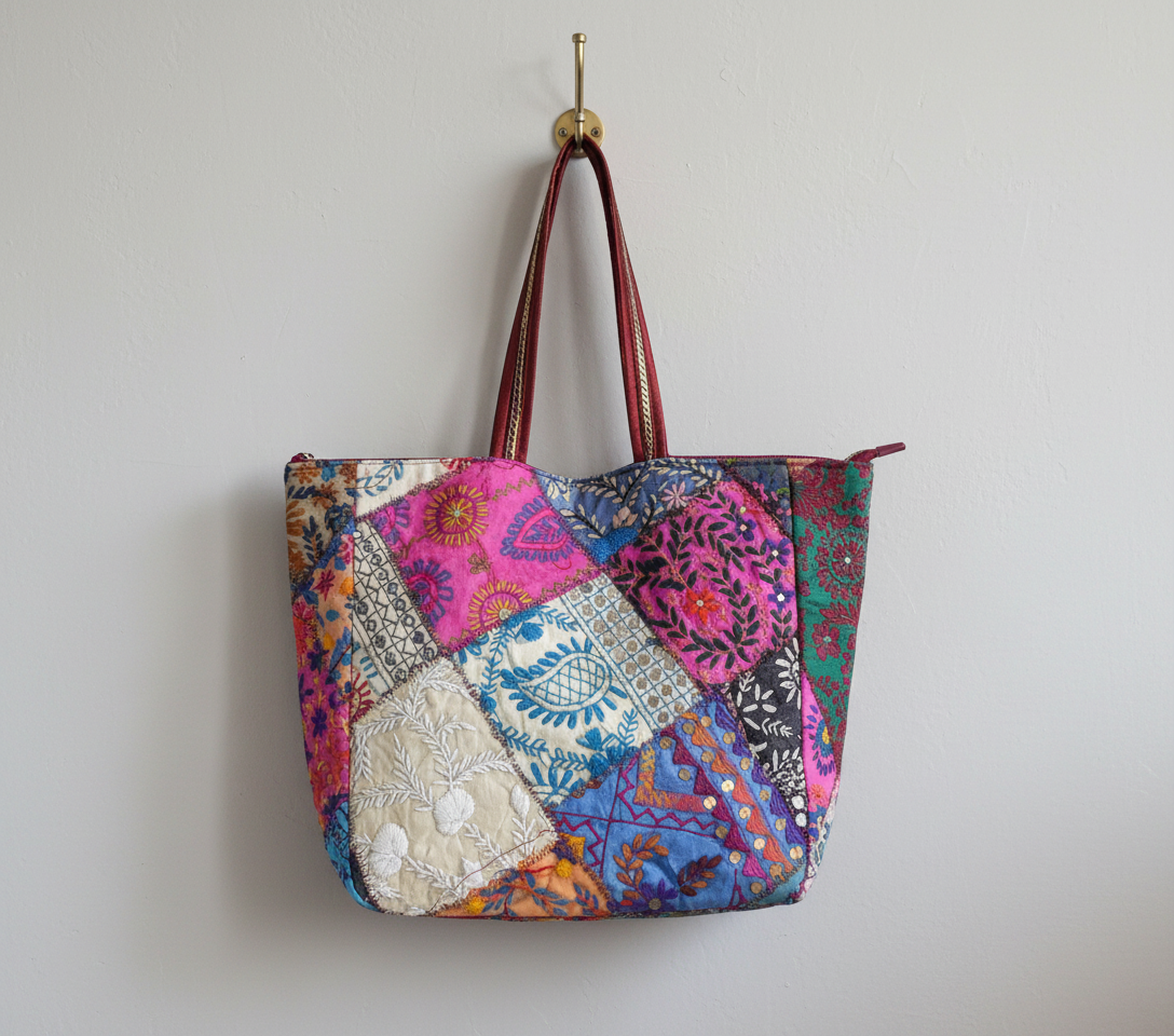 Model carrying Applique Patchwork Sandstone Indigo tote bag — boho style