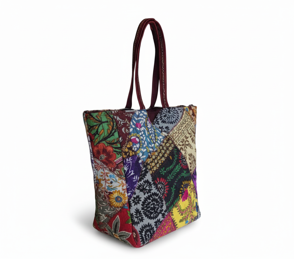 Close-up of Dusk Mosaic applique patchwork texture on tote bag