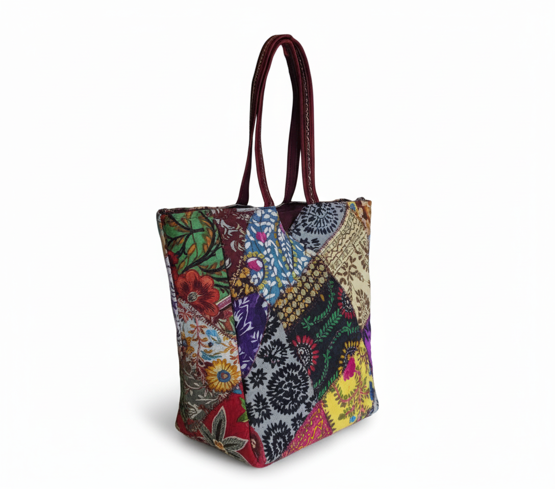 Close-up of Dusk Mosaic applique patchwork texture on tote bag