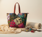 Model carrying Applique Patchwork Dusk Mosaic tote bag — boho style
