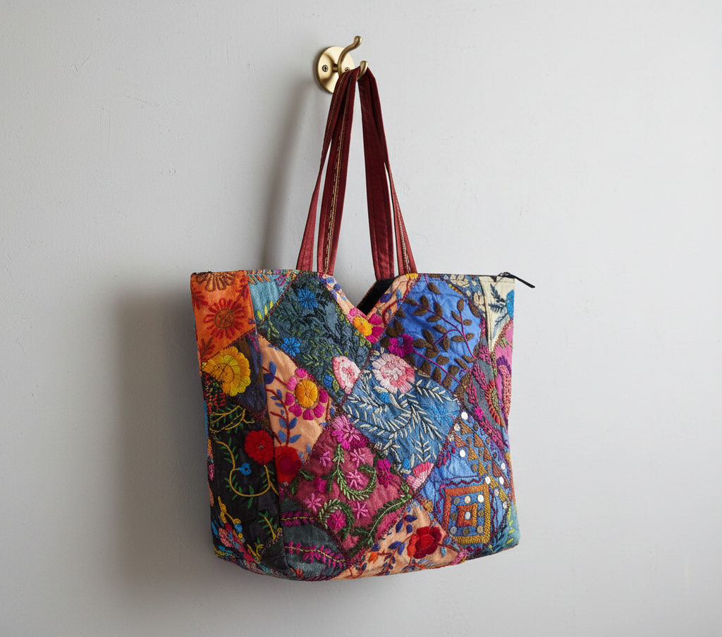 Applique Patchwork Blossom Mosaic tote bag front view — Mystic Dhaga