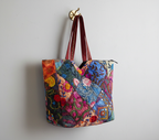 Applique Patchwork Blossom Mosaic tote bag front view — Mystic Dhaga