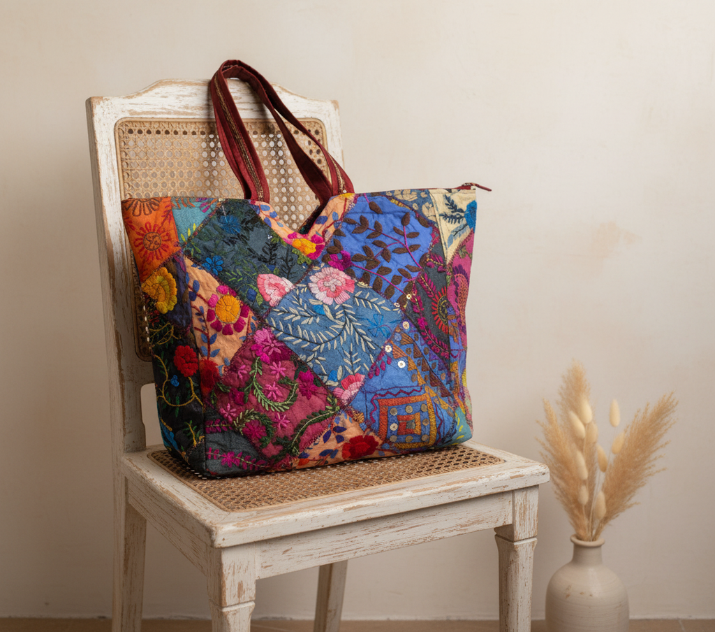 Applique Patchwork Blossom Mosaic tote bag side view showing depth