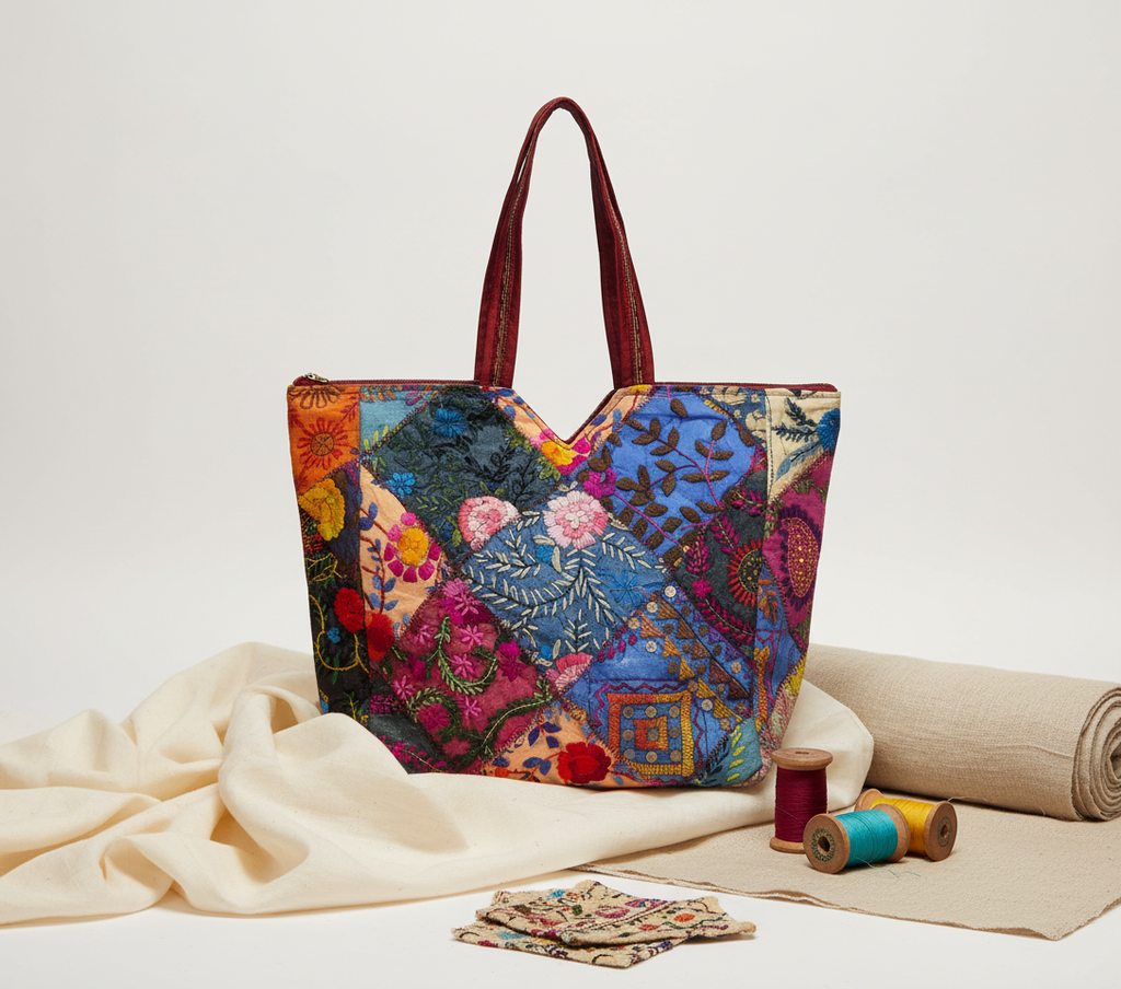 Model carrying Applique Patchwork Blossom Mosaic tote bag — boho style