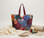 Model carrying Applique Patchwork Blossom Mosaic tote bag — boho style