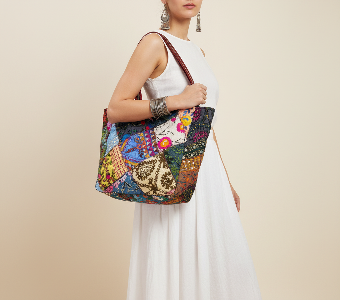 Applique Patchwork Cobalt Mosaic tote bag front view — Mystic Dhaga