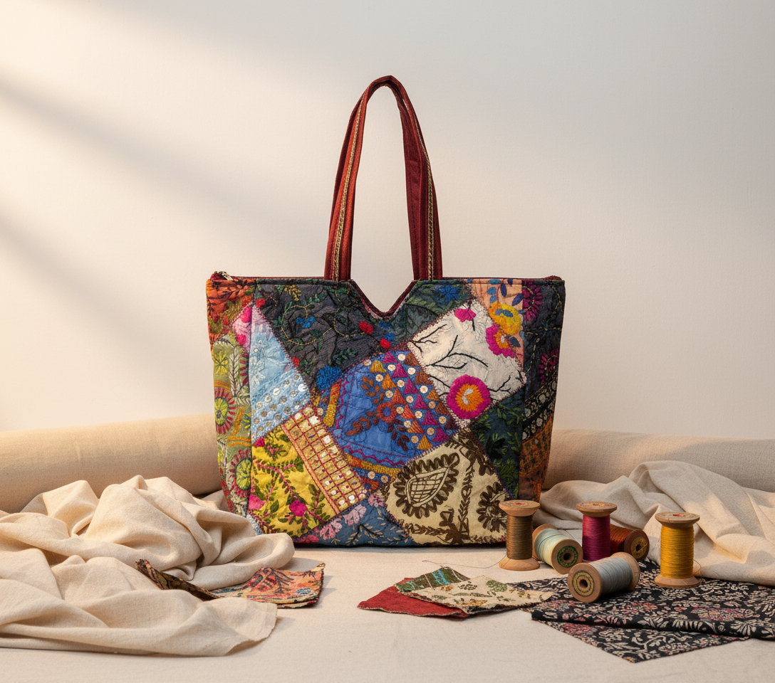 Applique Patchwork Cobalt Mosaic tote bag side view showing depth