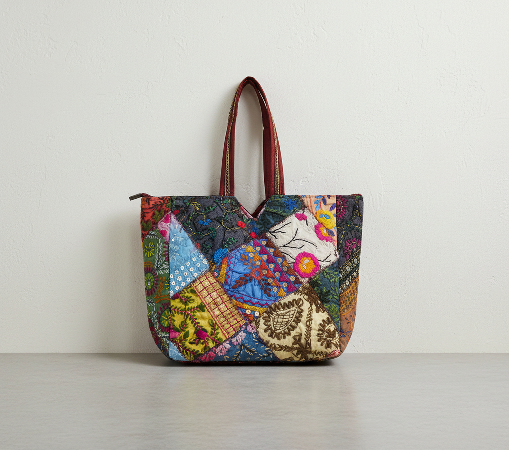 Model carrying Applique Patchwork Cobalt Mosaic tote bag — boho style
