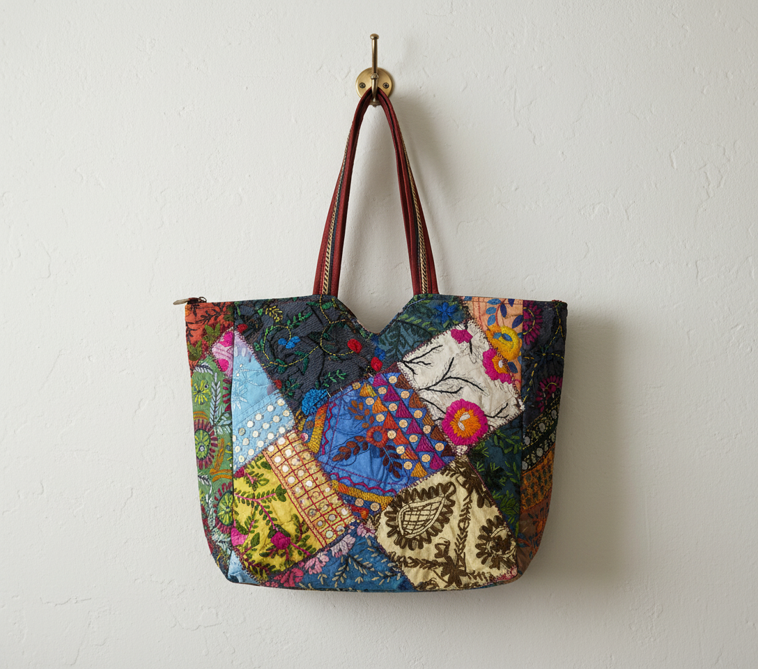 Model walking with Applique Patchwork Cobalt Mosaic tote bag — lifestyle shot