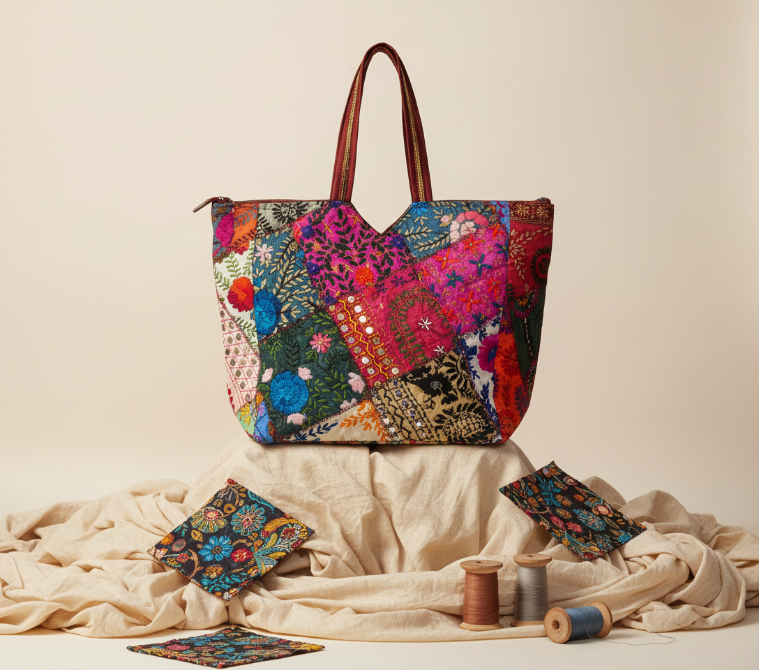 Applique Patchwork Coral Mosaic tote bag front view — Mystic Dhaga