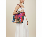 Applique Patchwork Coral Mosaic tote bag side view showing depth