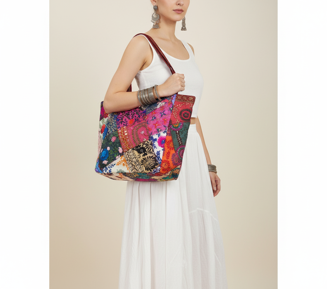 Applique Patchwork Coral Mosaic tote bag side view showing depth